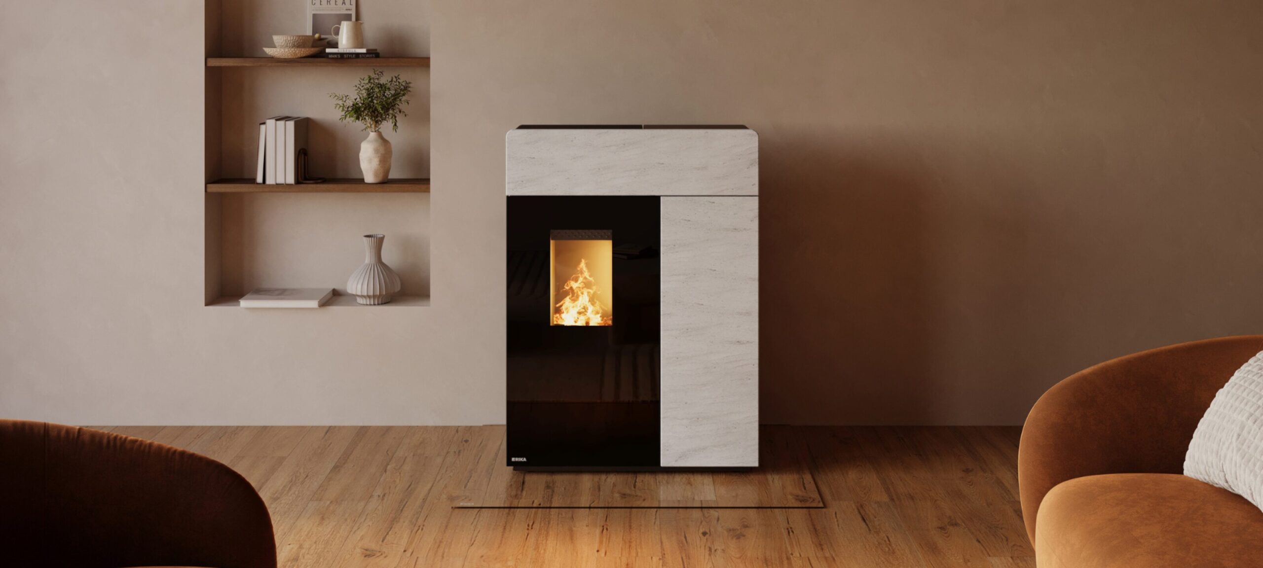 RIKA Domo II pelletkachel met witte natuurstenen bekleding