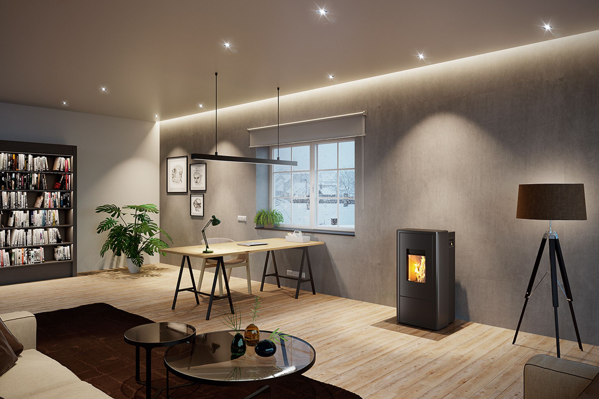 RIKA Livo pelletkachel in modern interieur met zichtbaar vuur