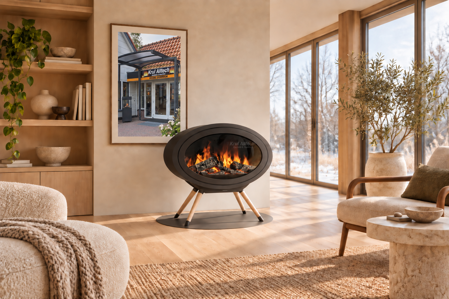 Sfeerimpressie van de DRU Oval Evolve Legs elektrische haard in een lichte woonkamer – Krul Alltech