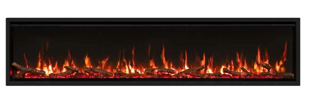 Vooraanzicht van de FireFX Atmos 195R met zwart frame, houtset en LED-vlameffect