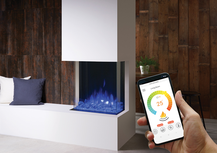 MUS Flame-app voor de Gazco eReflex RW-serie, getoond bij een ander formaat haard