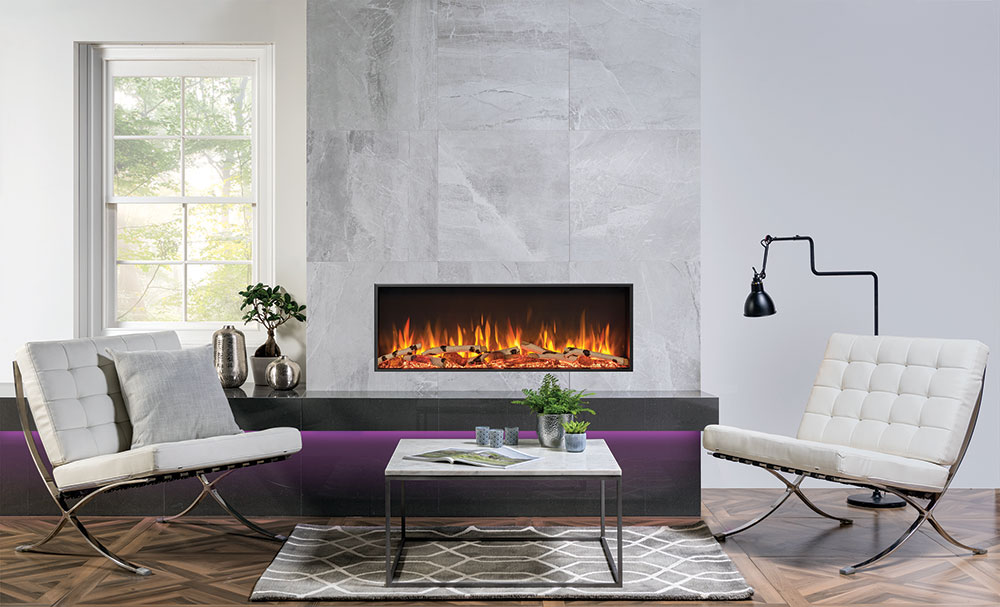 Gazco eStudio 105R elektrische fronthaard met optionele berkenstammen en sfeerledstrip