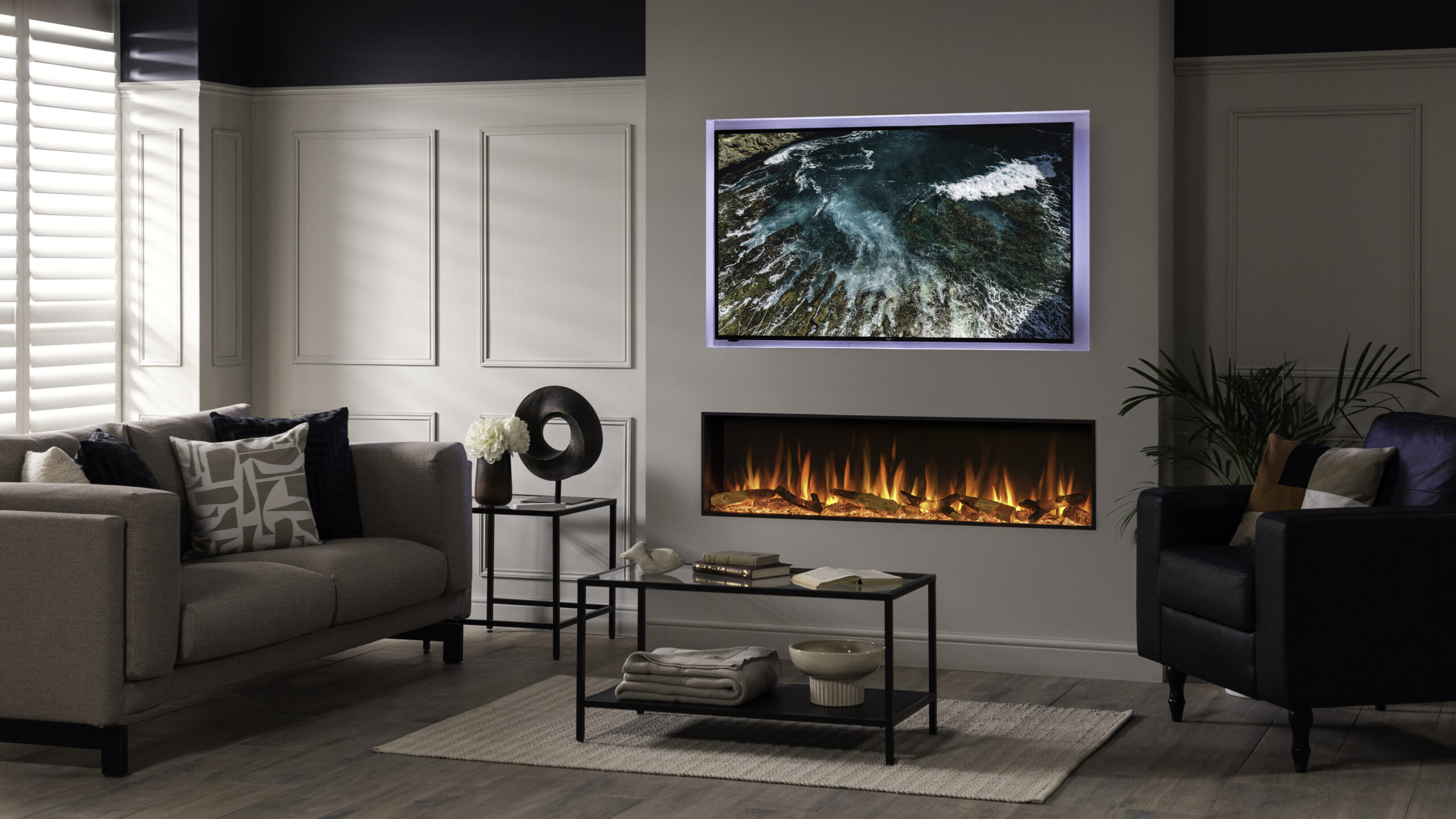 Gazco eStudio 135R elektrische fronthaard met eikenstammen en optionele sfeerledstrip