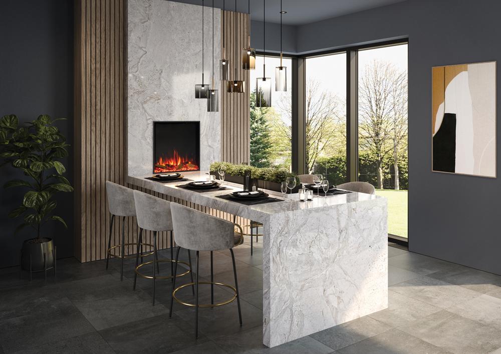 Gazco eStudio 60R elektrische fronthaard met vierkant vuurbeeld en eikenstammeneffect