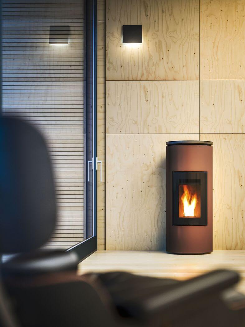 MCZ Mood in een interieur, modelbeeld in brons; het outlettoestel RK5377 is zwart