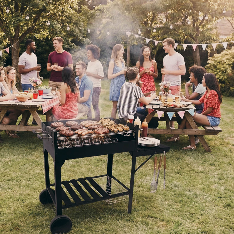 OUTR Base Bbq Grill 75 in gebruik buiten.