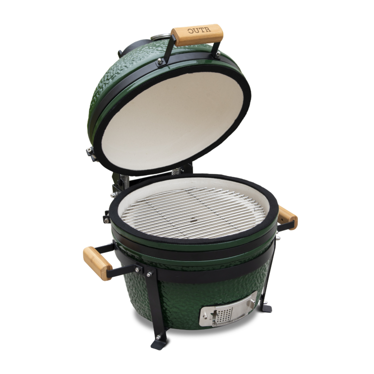 OUTR Kamado Medium 40 groen met geopend deksel en grillrooster