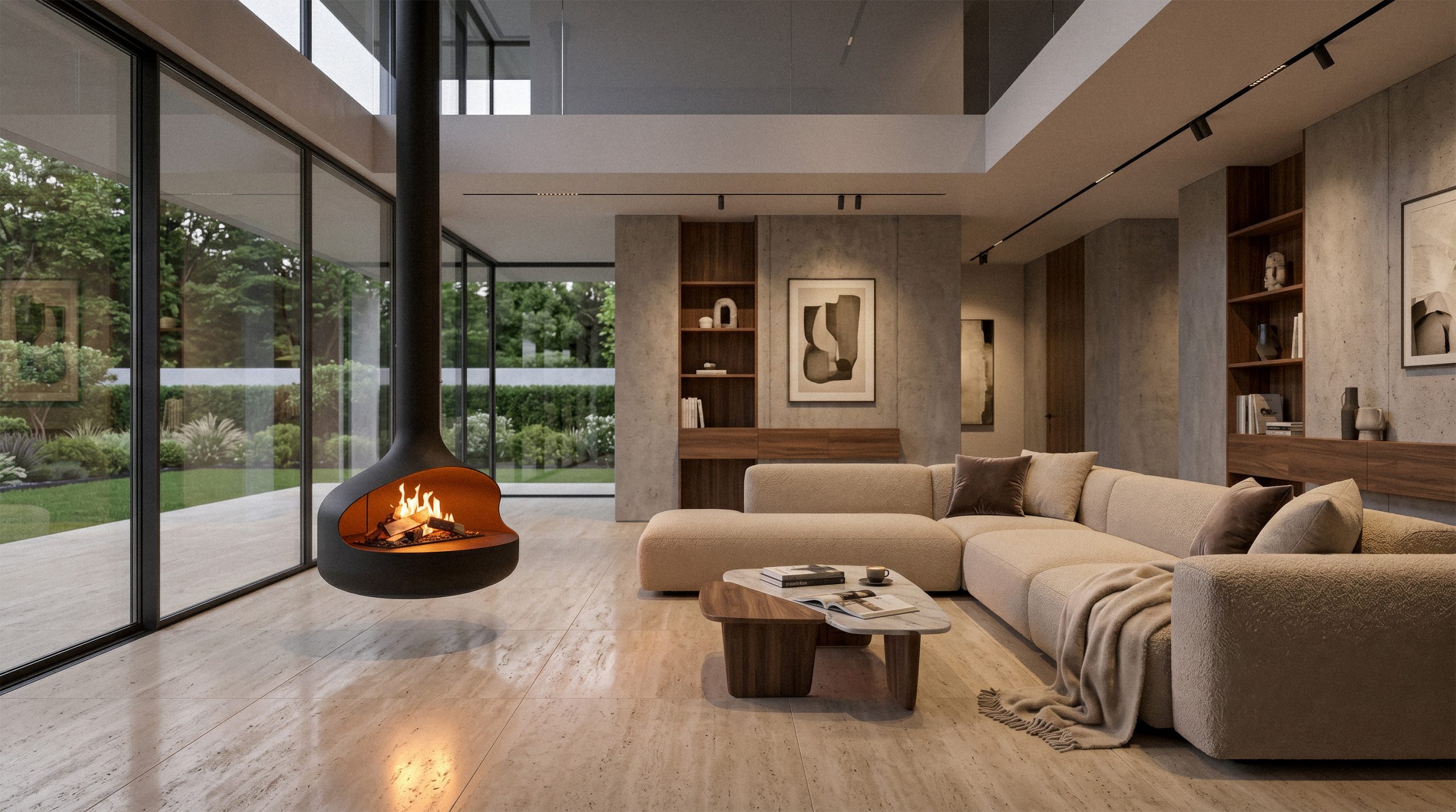 Planika Oni FLOGS hangende haard boven de vloer in een modern interieur