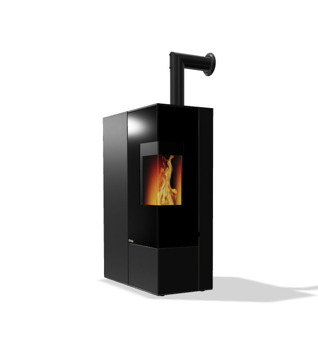 RIKA Connect Pellet Edge schuin van voren, met hoekglas en rookgasaansluiting aan de bovenzijde