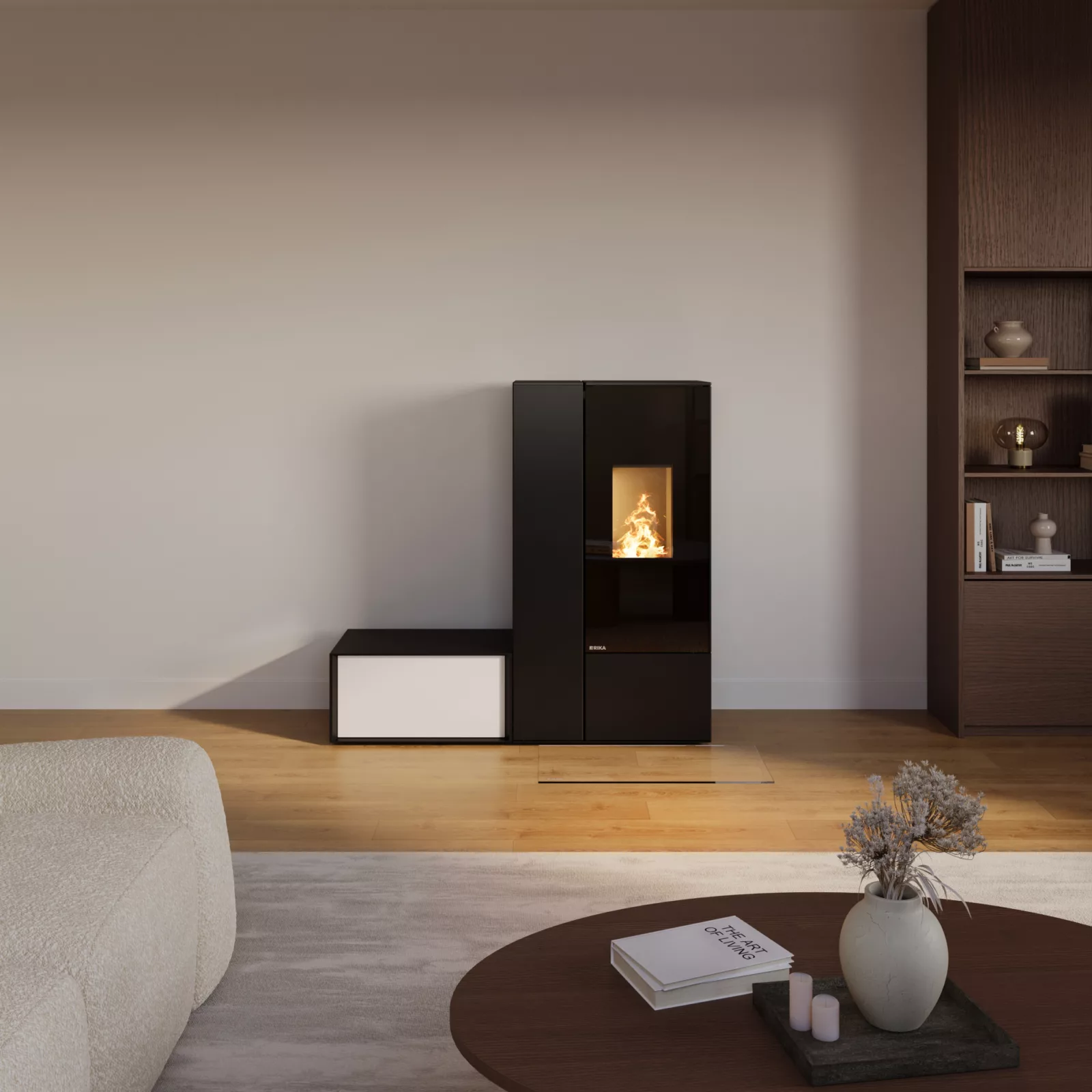 RIKA Connect Pellet modulaire pelletkachel in moderne woonkamer