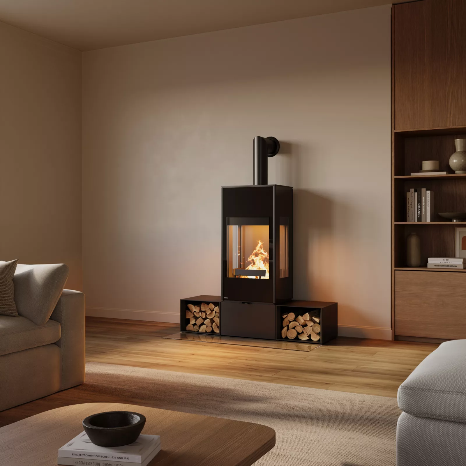 RIKA Connect Wood 3S houtkachel met driezijdig vuurzicht in modern interieur