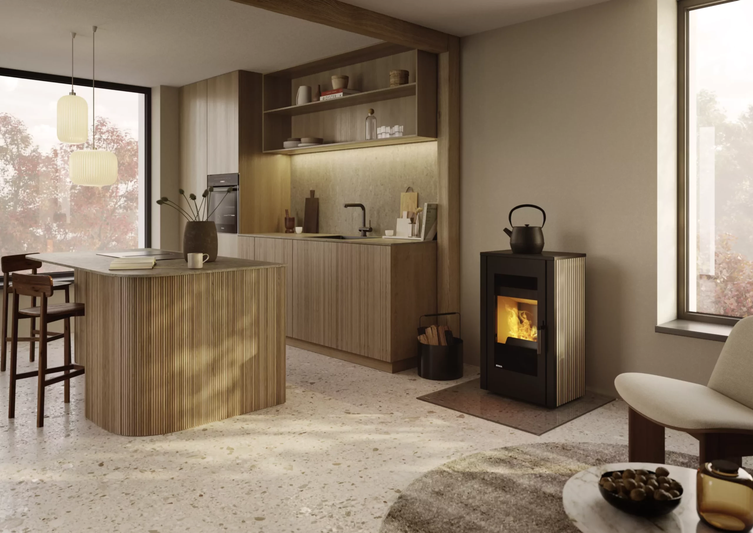 RIKA Moka houtkachel met houtlamellen in moderne keuken