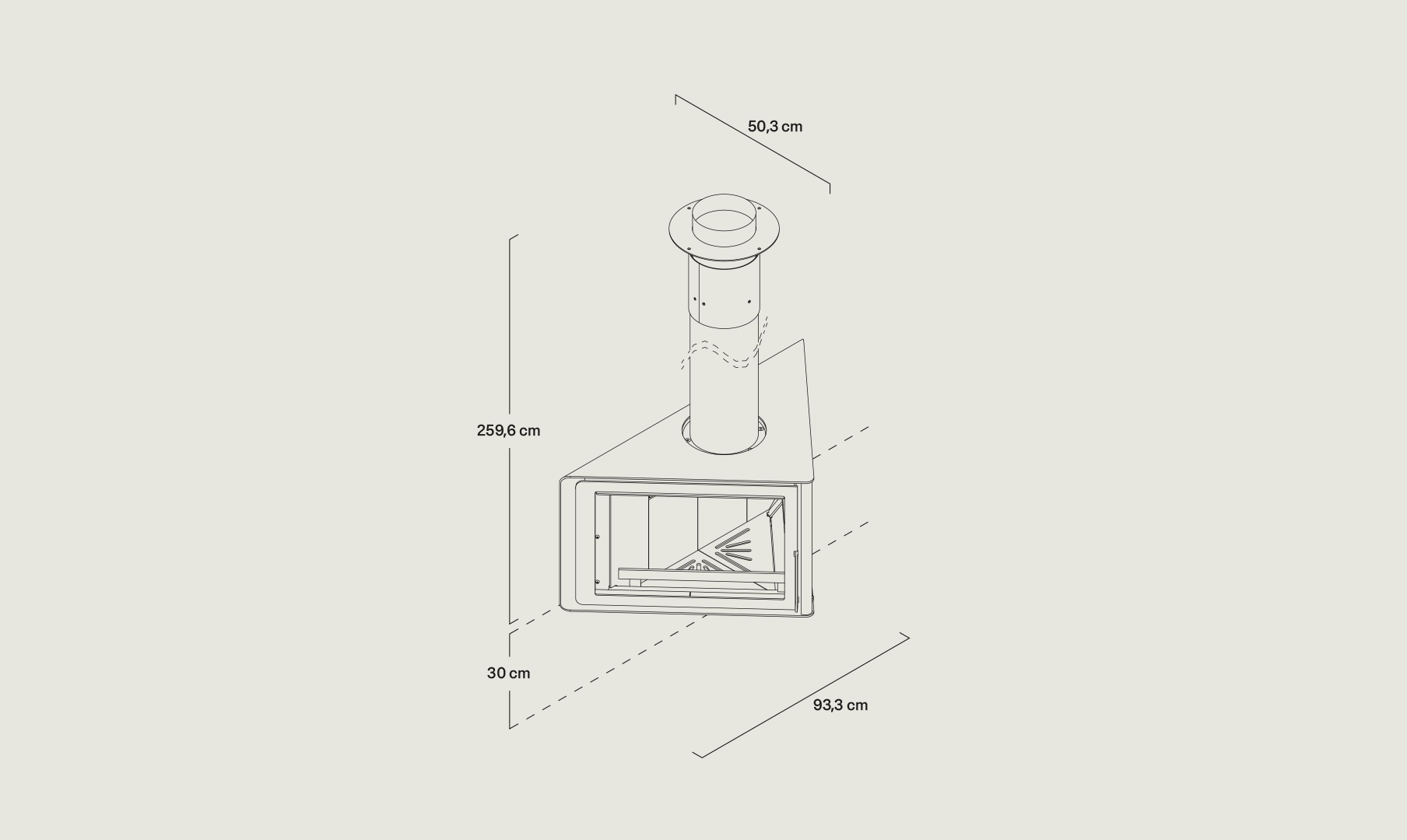 Technische maattekening van de Rocal Vertex met breedte 93,3 cm en diepte 50,3 cm