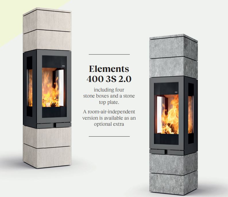 Skantherm Elements 400 3S 2.0 in crèmekleurige natuursteen en grijze speksteen naast elkaar