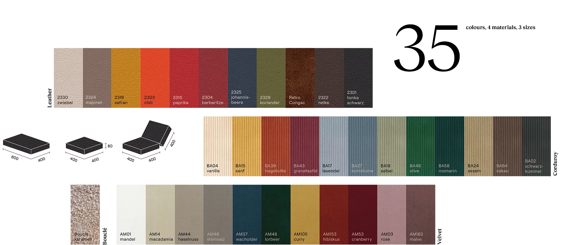 Kleurkaart van Skantherm Elements zitkussens in leer, ribstof, fluweel en bouclé