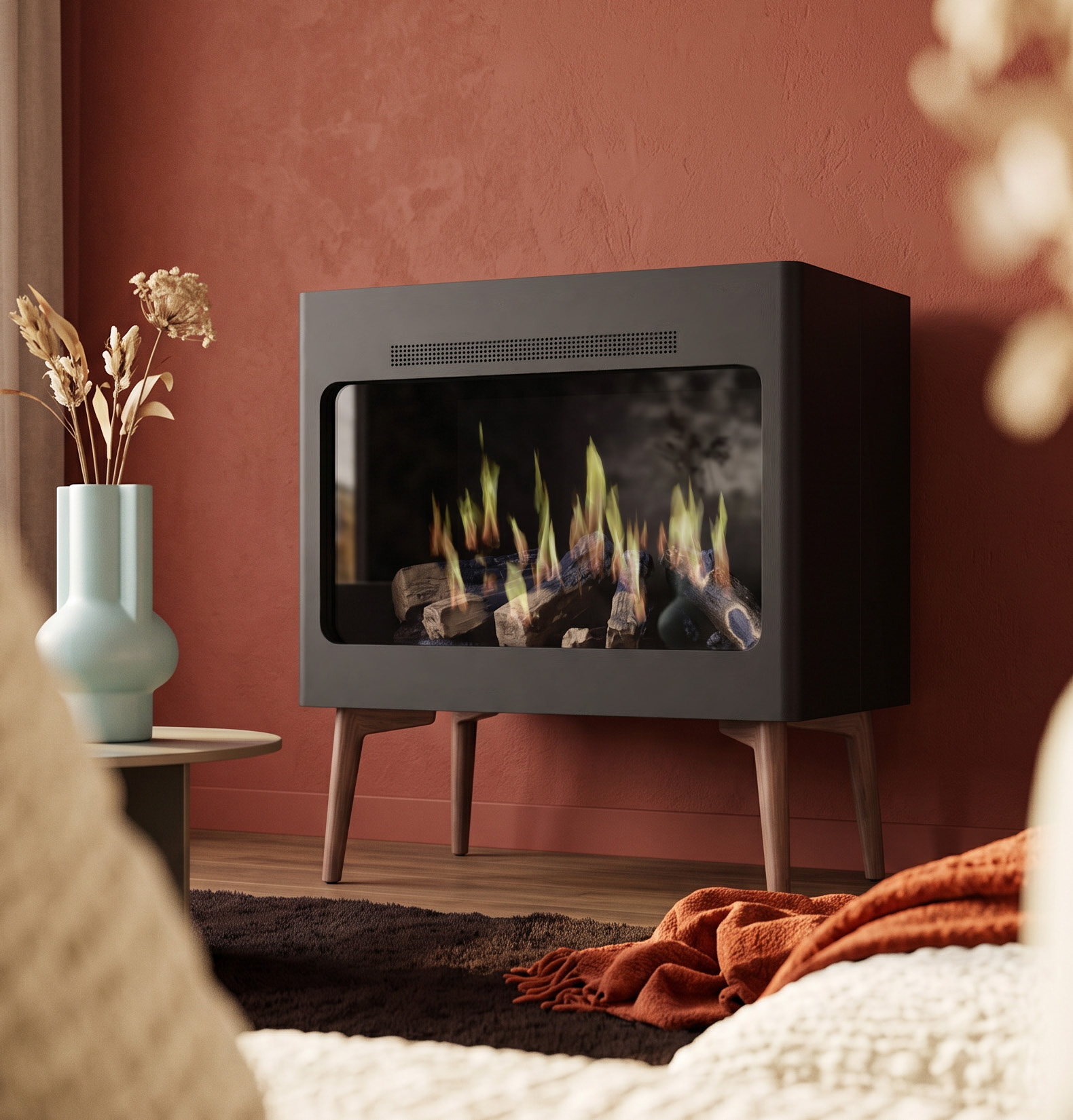 Wanders Spectre Black Edition High elektrische haard op houten pootjes