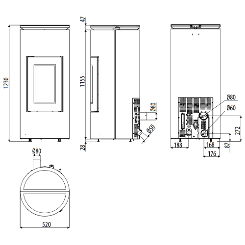Technische maattekening MCZ Mood Comfort Air 8 M1 met voor-, zij-, achter- en bovenaanzicht